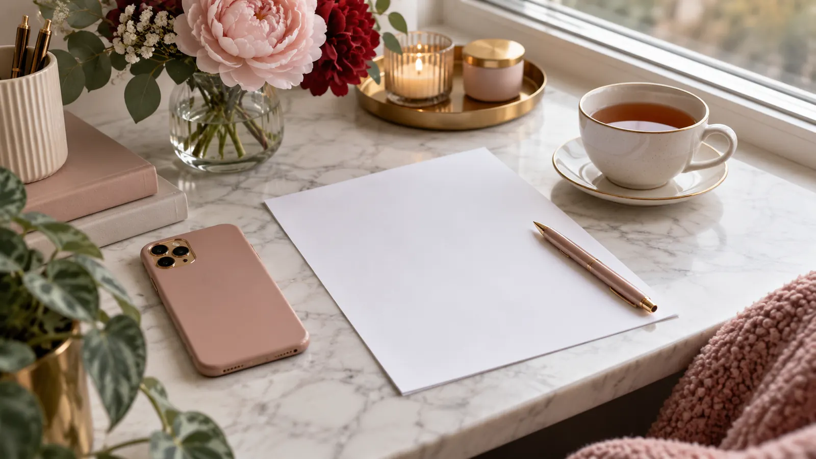 A quiet home desk by a window