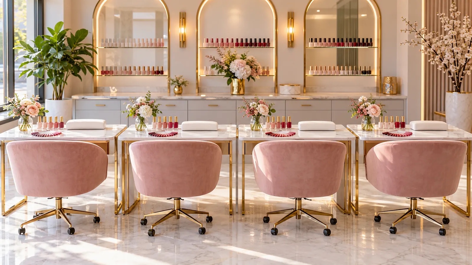 Four empty manicure tables side by side in a bright salon, each with a small vase of flowers and a ring of nail color swatches, ready for a group booking, with plain pastel polish bottles in a line
