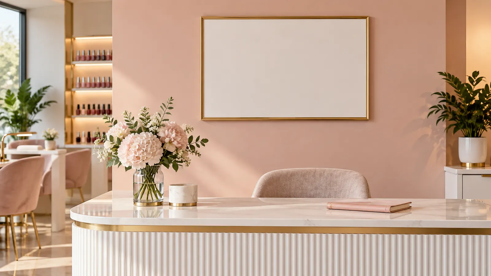 The reception desk of a calm modern nail salon