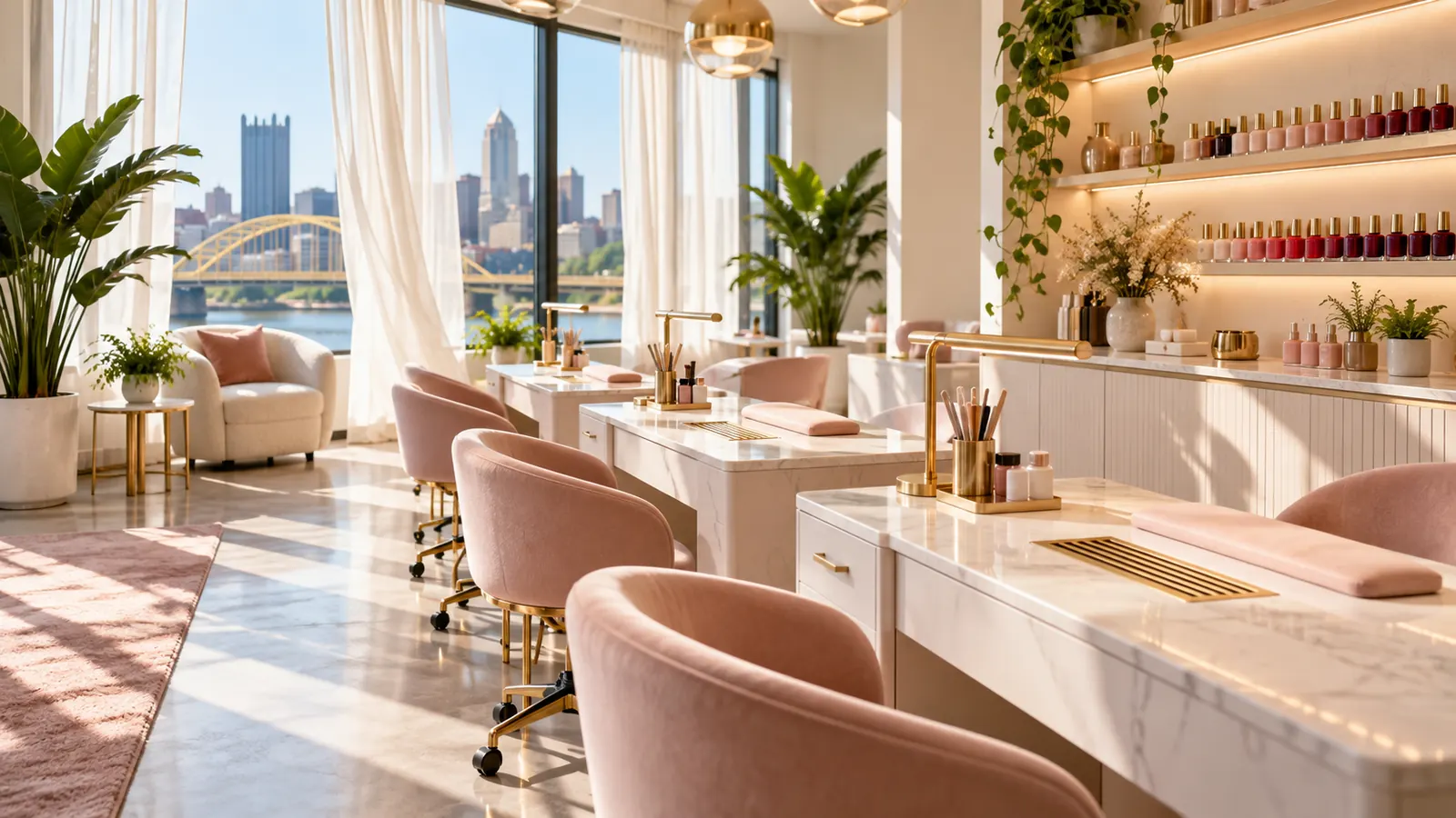 A modern nail salon with large open windows and light curtains moving in a breeze, empty manicure tables with built-in vents, green plants and closed polish bottles on a shelf