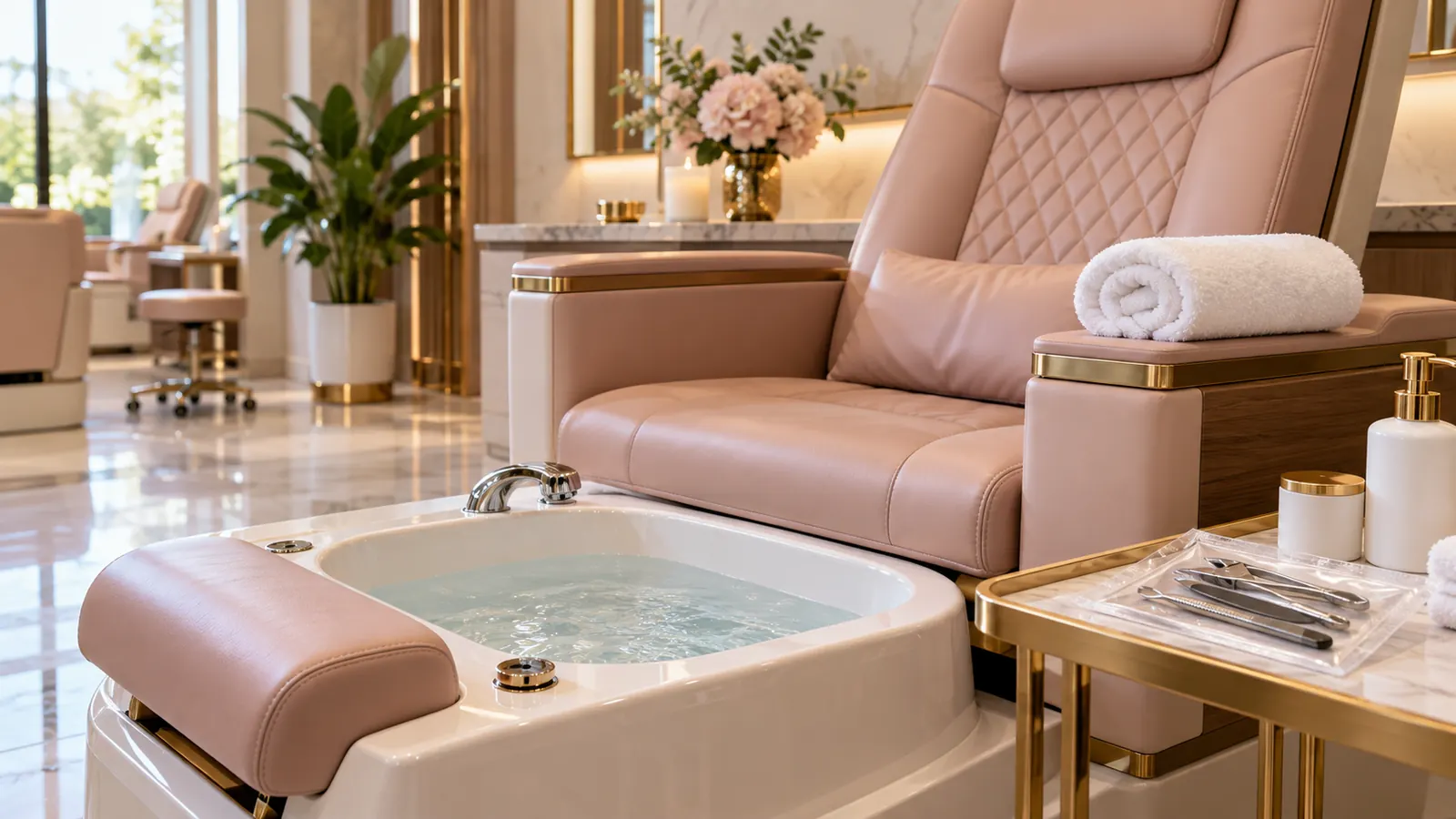An empty pedicure chair with a clean white basin of clear water, a rolled white towel on the armrest and stainless steel pedicure tools in a sealed clear pouch on a small tray