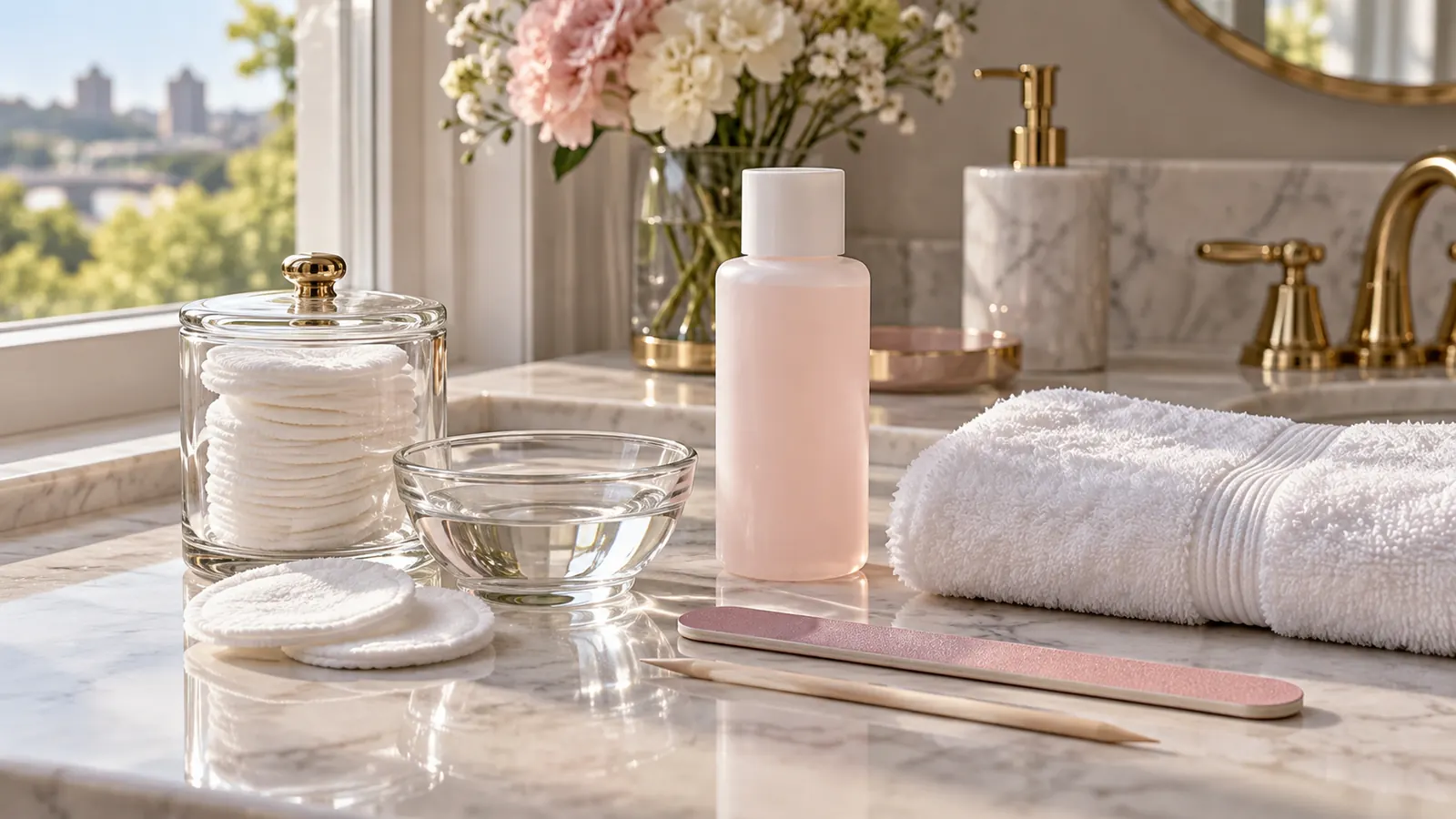A tidy bathroom counter by an open window