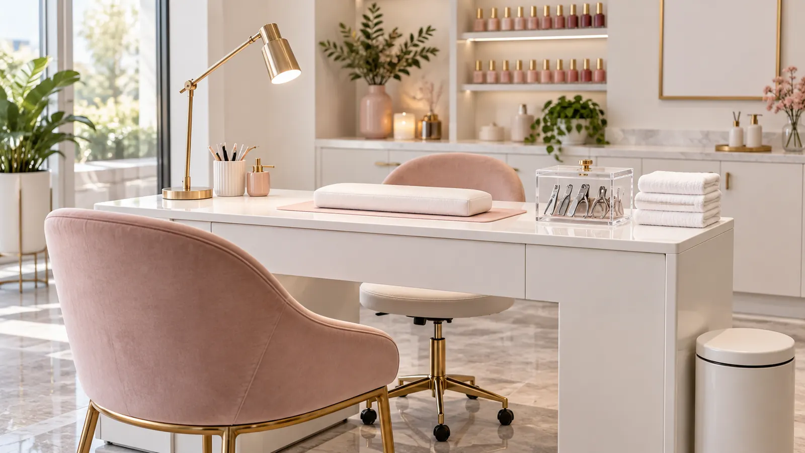 A clean, empty manicure station in a bright modern nail salon