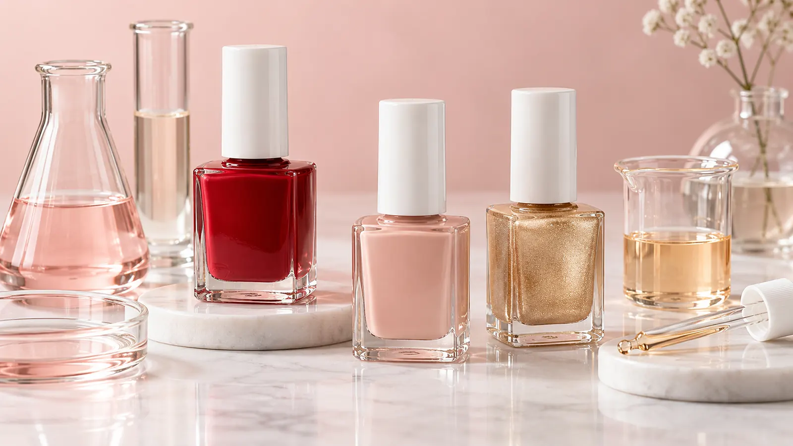Plain glass nail polish bottles in red, nude and gold beside small laboratory beakers and a glass dropper on a clean white counter, as if the ingredients are being tested